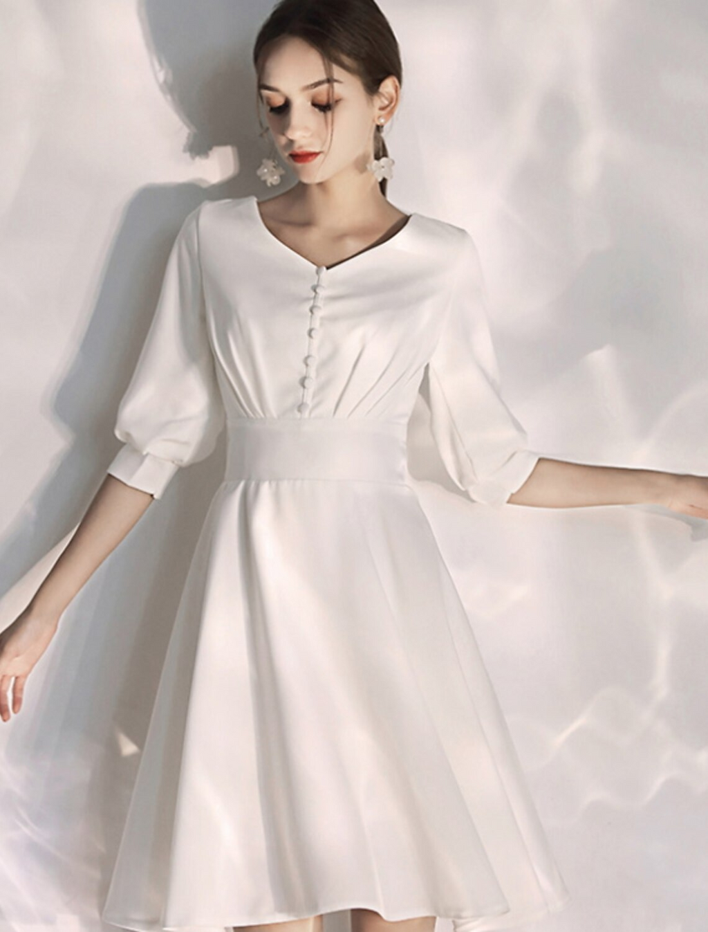 Bachelorette Party Little White Dresses Wedding Dresses Knee Length A-Line Half Sleeve V Neck Stretch Fabric