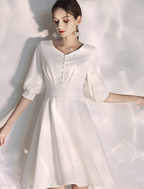 Bachelorette Party Little White Dresses Wedding Dresses Knee Length A-Line Half Sleeve V Neck Stretch Fabric