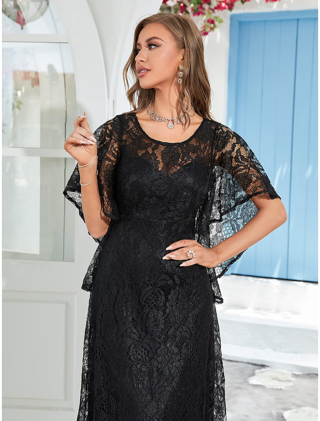 A-Line Wedding Guest Dresses Elegant Dress Party Wear Ankle Length Half Sleeve Lace with Ruffles Appliques Mother of the Bride Dresses