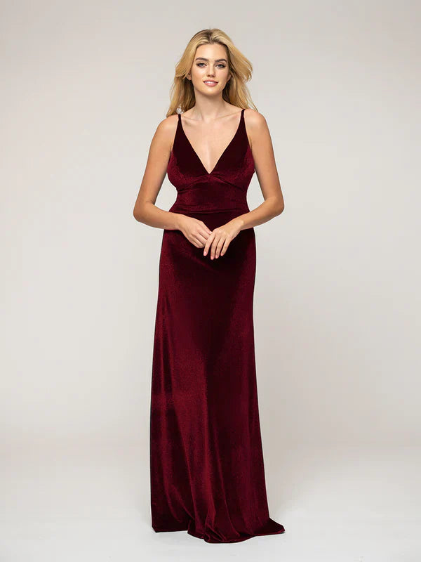 Velvet Bridesmaid Dresses Deep V Neck Straps Long Sheath For Elegant Glamorous Bridesmaids
