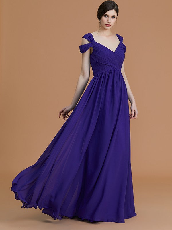 A-Line Off-The-Shoulder Chiffon Bridesmaid Dress Floor-Length Ruched Sleeveless Elegant Gown For Bridesmaids