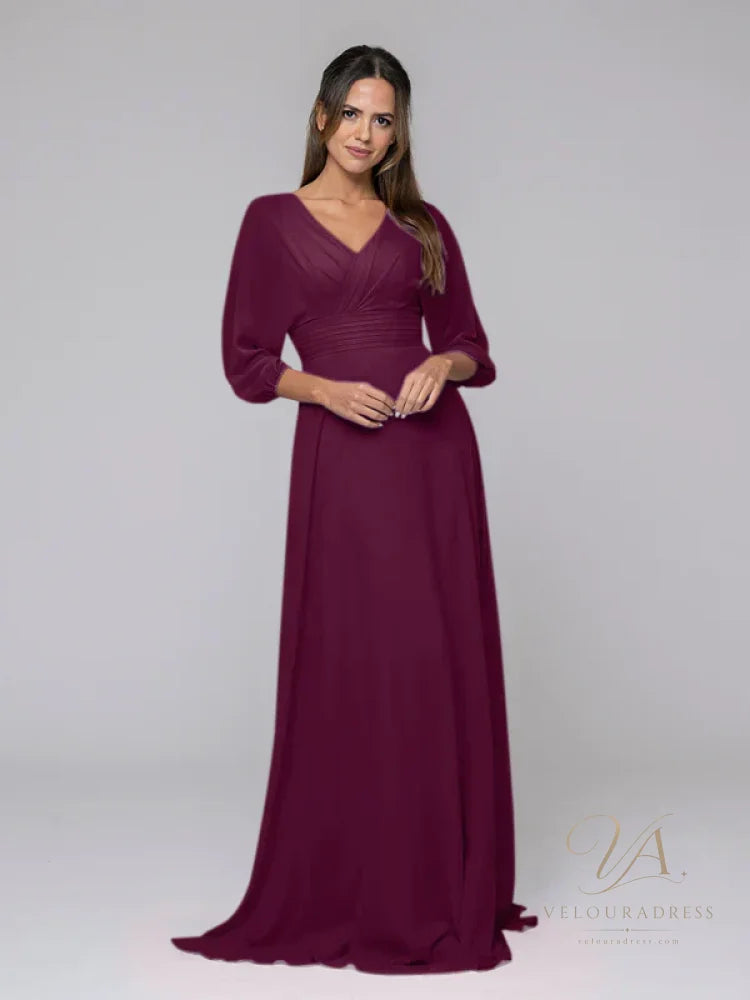 3/4 Lantern Sleeve V Neck Chiffon A Line Bridesmaid Dresses - Burgundy / US 2 / UK 6 / EU 32 - New Dresses