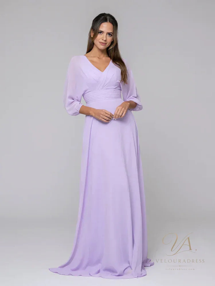 3/4 Lantern Sleeve V Neck Chiffon A Line Bridesmaid Dresses - Lilac / US 2 / UK 6 / EU 32 - New Dresses