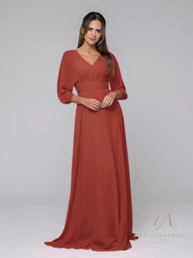 3/4 Lantern Sleeve V Neck Chiffon A Line Bridesmaid Dresses - Red / US 2 / UK 6 / EU 32 - New Dresses