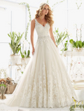Engagement Open Back Sexy Formal Wedding Dresses Court Train A-Line Regular Straps V Neck Lace