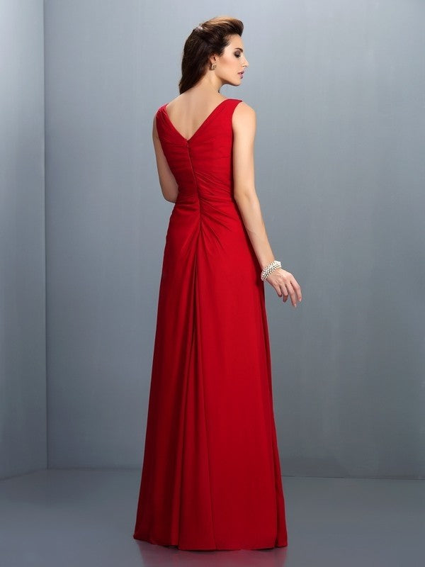 A Line Bridesmaid Dress Chiffon Sleeveless With Pleats And Princess Straps Long Elegant Gown For Wedding Party