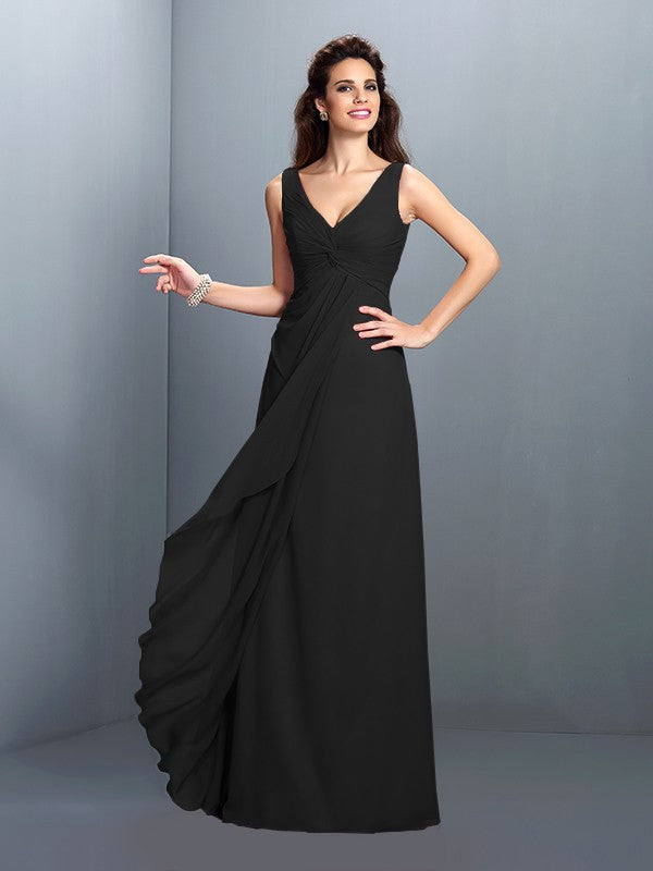 A Line Bridesmaid Dress Chiffon Sleeveless With Pleats And Princess Straps Long Elegant Gown For Wedding Party