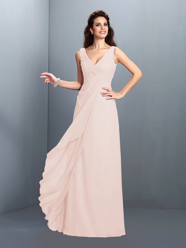 A Line Bridesmaid Dress Chiffon Sleeveless With Pleats And Princess Straps Long Elegant Gown For Wedding Party