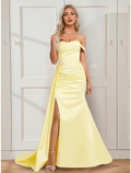 A-Line Prom Dresses Vintage Dress Party Wear Court Train Sleeveless Off Shoulder Stretch Satin with Ruched Slit