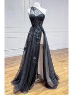 A-Line Prom Dresses Dress Formal Sleeveless One Shoulder Tulle Backless with Pleats Appliques