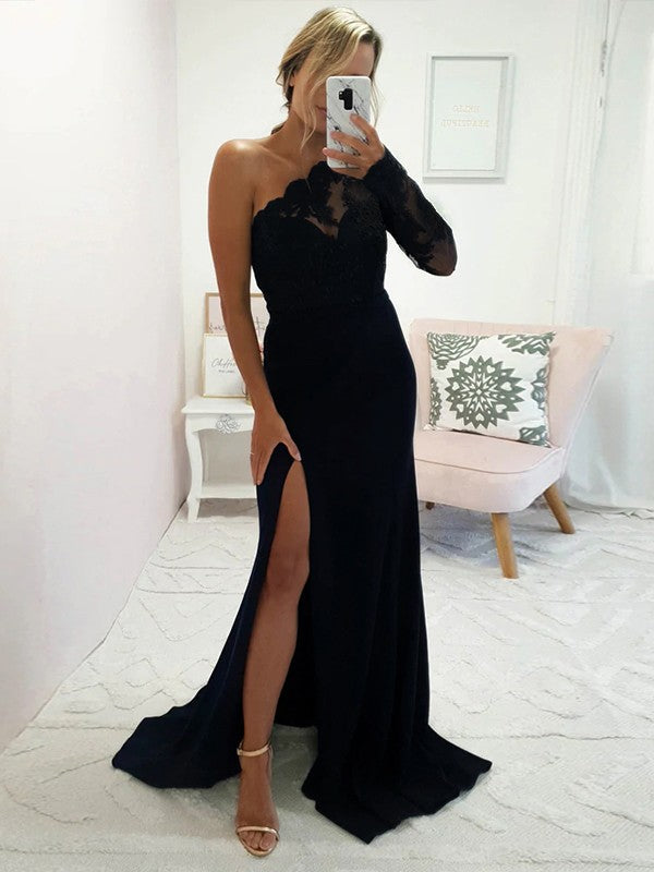 Bridesmaid Dresses One Shoulder Crepe Stretch With Applique Sweep Train For Elegant Bridesmaids