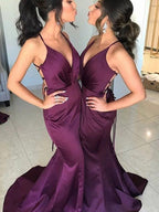 Bridesmaid Dress Elegant Satin Ruched V Neck Sleeveless Trumpet Mermaid Silhouette Sweep Train For Bridesmaids
