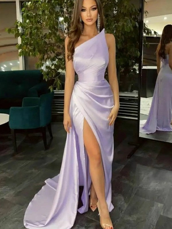 Satin Sheath Dress Silk Like Ruched Strapless Sleeveless With Sweep Train Elegant Evening Wear For Bridesmaids