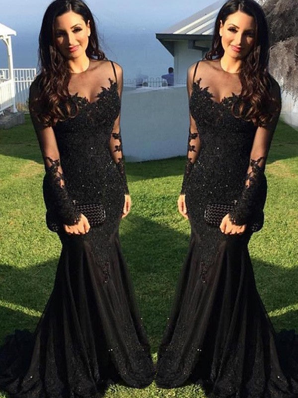 Trumpet Mermaid Tulle Dress With Long Sleeves Sheer Neck Brush Train Applique Elegant Evening Gown For Prom
