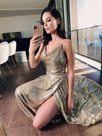 A-Line/Princess Sequins Ruched Straps Sleeveless Sweep/Brush Train Dresses