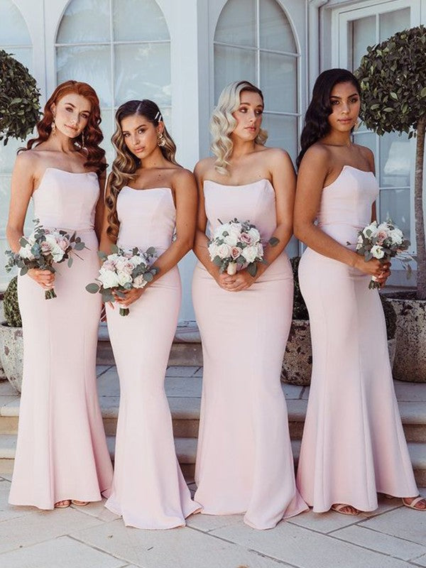 Elegant Bridesmaid Dress Sheath Column Strapless Ruffles Sleeveless Stretch Crepe Floor Length For Wedding Party