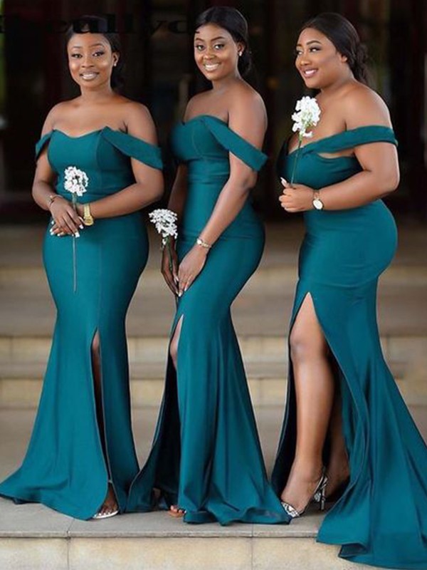Off Shoulder Jersey Bridesmaid Dress With Ruched Sweep Train For Bridesmaids Elegant Silky Fit