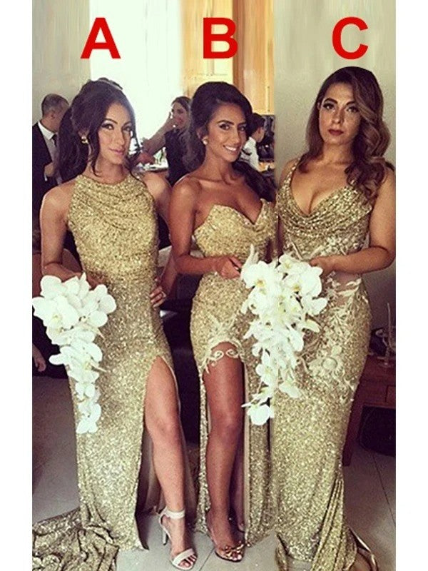 Sequins Bridesmaid Dress Sheath Silhouette Ruched Sweetheart Neckline Sleeveless Glamorous Sweep Train