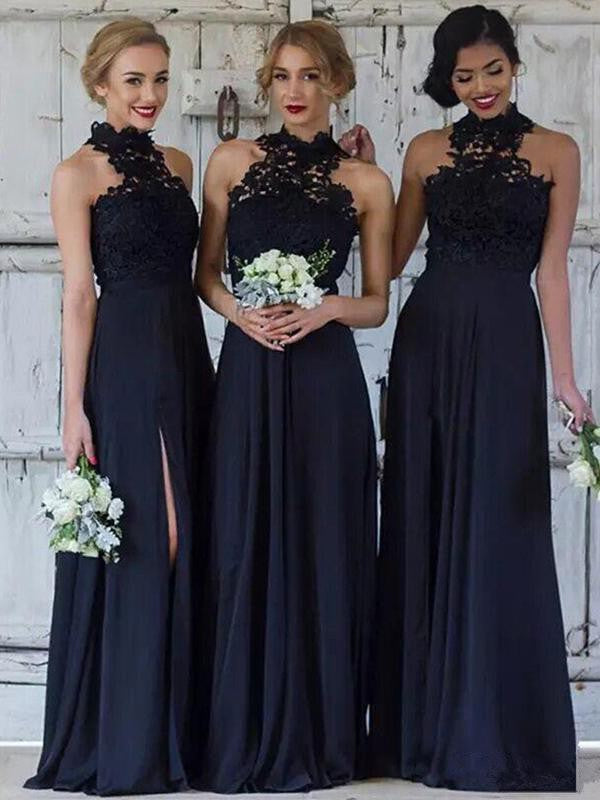Bridesmaid Dress A Line Chiffon Lace Halter Floor Length Elegant For Wedding Party