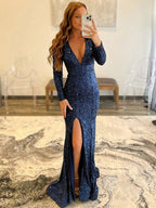 Sequined Sheath Dress V Neck Long Sleeves With Sweep Train For Formal Evenings And Special Occasions For Women