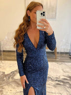 Sequined Sheath Dress V Neck Long Sleeves With Sweep Train For Formal Evenings And Special Occasions For Women