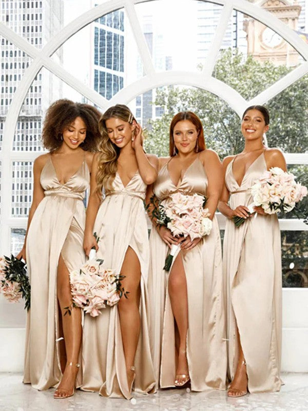 Bridesmaid Dresses Silk Like Satin Sheath V Neck Ruched Floor Length For Elegant Bridesmaids