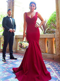 Bridesmaids Dress V Neck Sleeveless Trumpet Silhouette With Sweep Train And Ruffles Stretch Crepe Glamorous Wedding Gown