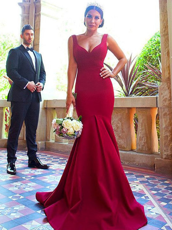 Bridesmaids Dress V Neck Sleeveless Trumpet Silhouette With Sweep Train And Ruffles Stretch Crepe Glamorous Wedding Gown