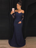 Off Shoulder Mermaid Lace Crepe Dress With Elegant Long Sleeves And Sweep Train For Brides