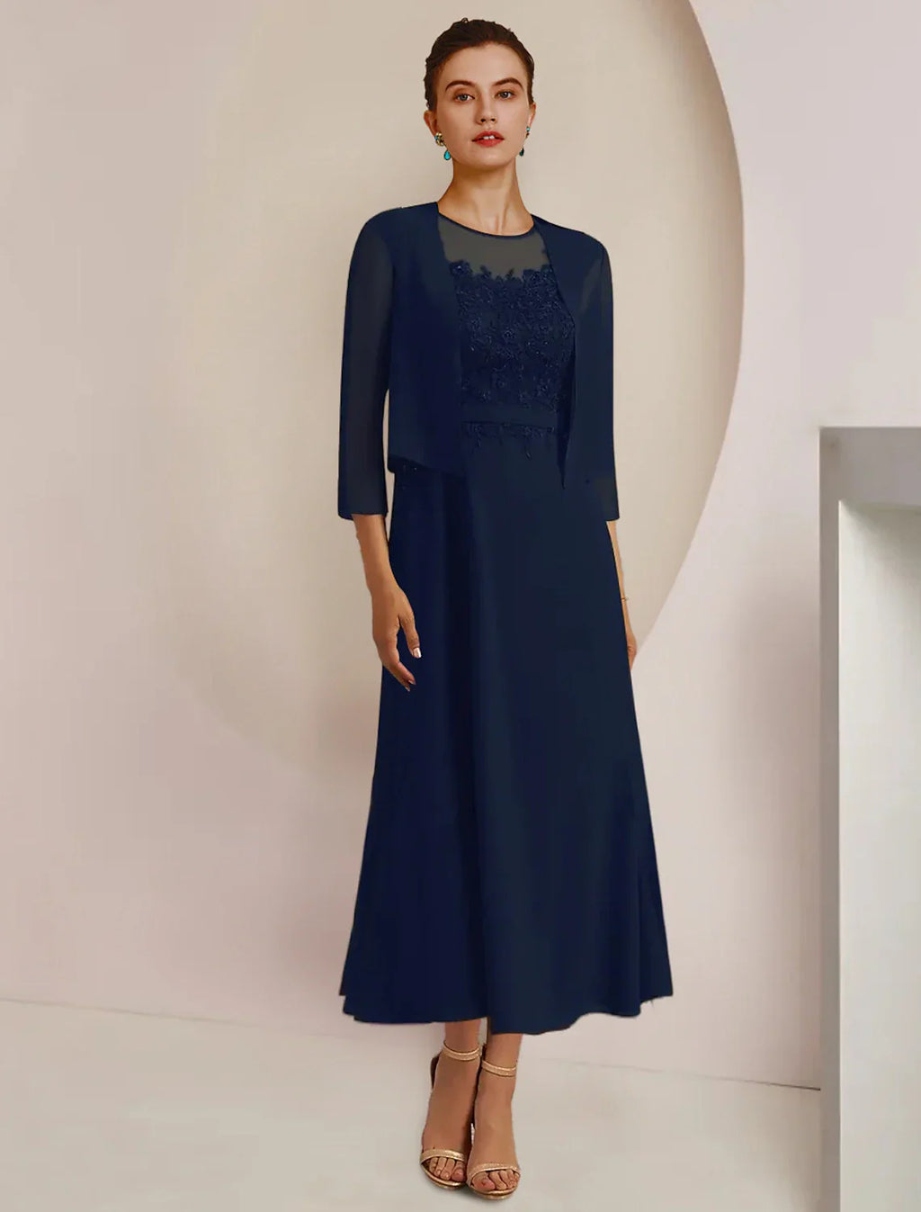 Mother Of The Bride Two Piece A Line Dress With Chiffon Lace Tea Length Three Quarter Sleeve Jacket Sash Appliques