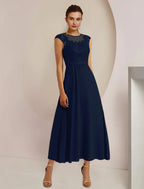 Mother Of The Bride Two Piece A Line Dress With Chiffon Lace Tea Length Three Quarter Sleeve Jacket Sash Appliques