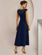 Mother Of The Bride Two Piece A Line Dress With Chiffon Lace Tea Length Three Quarter Sleeve Jacket Sash Appliques