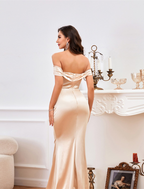 Party Dresses Vintage Dress Wedding Party Sleeveless Off Shoulder Stretch Satin with Ruched Slit