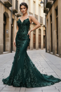 Floral Applique Mermaid V-Neck Spaghetti-Strap Lace-Up-Back Floor-Length Prom Dress