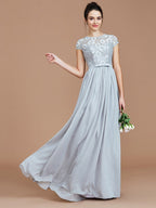 Bridesmaid Dresses A Line Jewel Neck Lace Short Sleeves Floor Length Chiffon Elegant For Bridesmaids