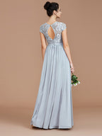 Bridesmaid Dresses A Line Jewel Neck Lace Short Sleeves Floor Length Chiffon Elegant For Bridesmaids