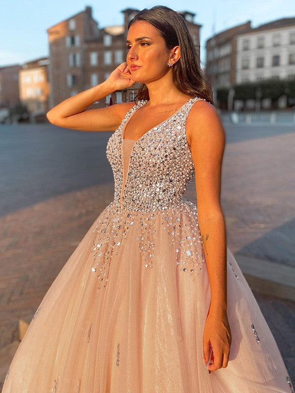 Ball Gown Tulle V-neck Beading Sleeveless Floor-Length Dresses