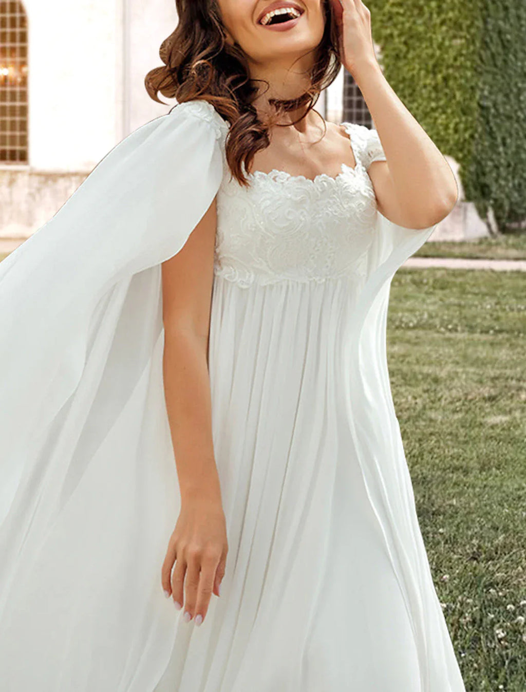 Elegant A Line Wedding Dress With Square Neck Sleeveless Chiffon Train Pleated Appliques For Brides