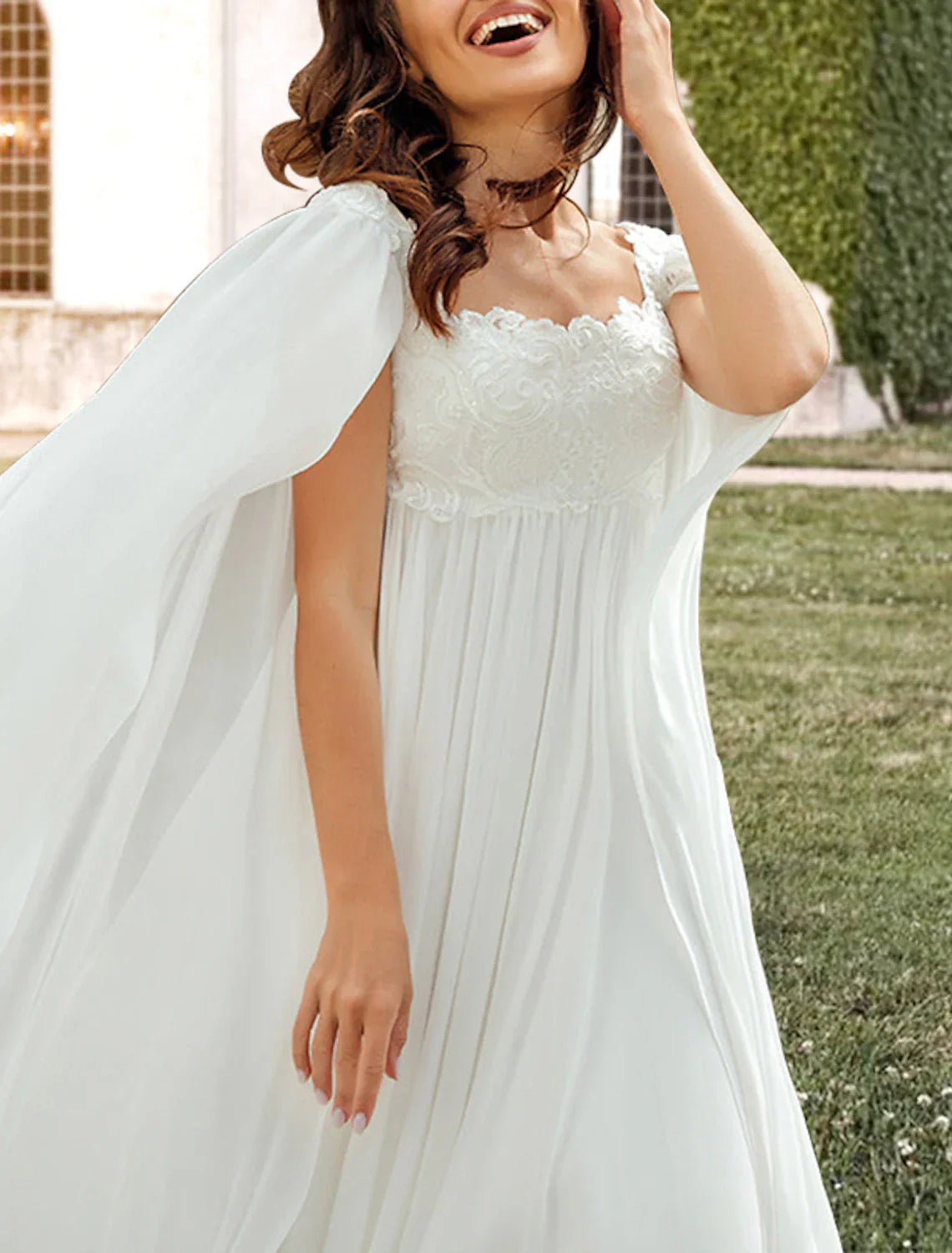 Elegant A Line Wedding Dress With Square Neck Sleeveless Chiffon Train Pleated Appliques For Brides