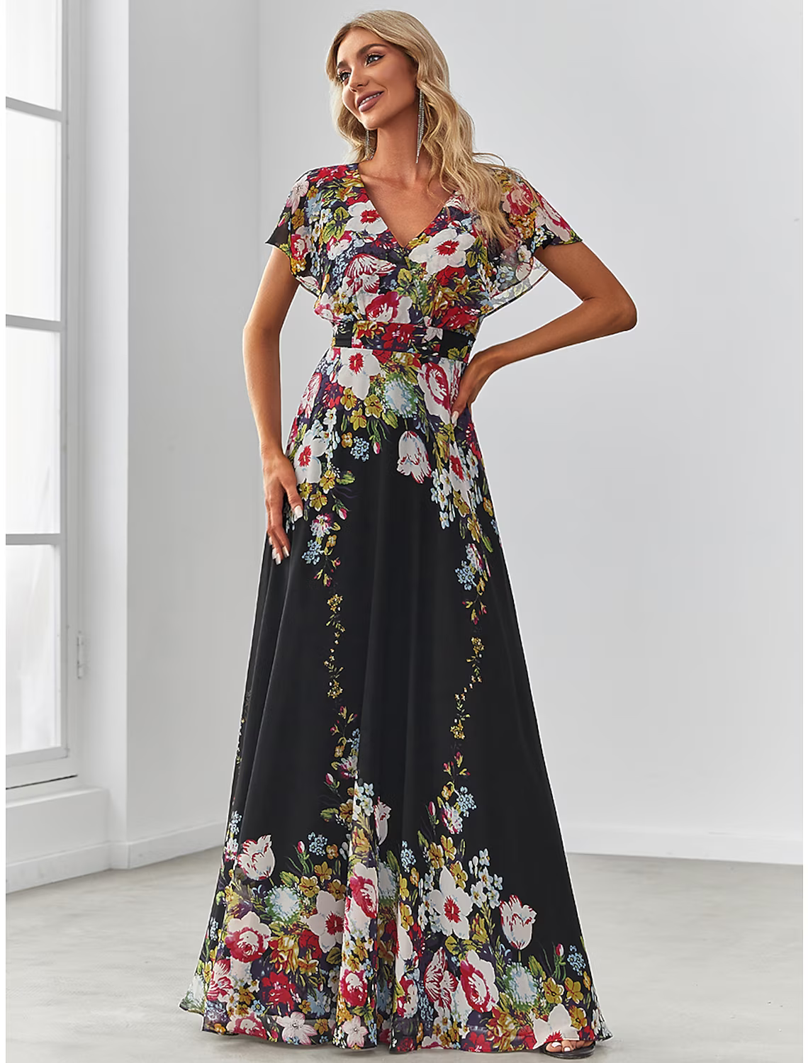 A-Line Evening Gown Elegant Dress Birthday Floor Length Short Sleeve V Neck Chiffon with Pattern