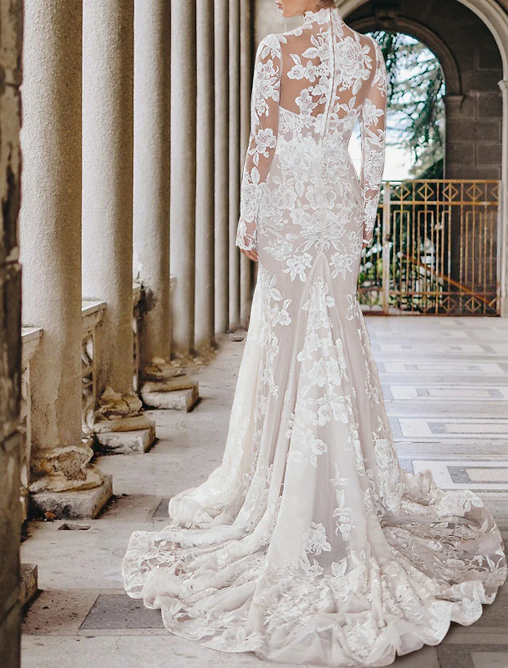 Elegant Boho Mermaid Wedding Dress With Lace Appliques High Neck Long Sleeve Court Train Bride Gown