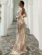 Evening Gown Sexy Dress Formal Long Sleeve Jewel Neck Polyester Backless with Sequin