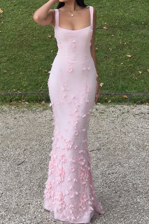 3D Floral Mermaid Square-Neck Sleeveless Lace-Up-Back Floor-Length Prom Dress