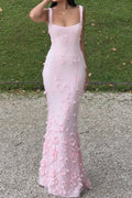 3D Floral Mermaid Square-Neck Sleeveless Lace-Up-Back Floor-Length Prom Dress