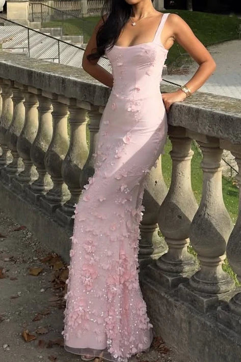 3D Floral Mermaid Square-Neck Sleeveless Lace-Up-Back Floor-Length Prom Dress