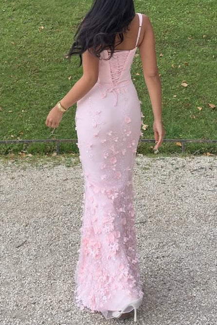 3D Floral Mermaid Square-Neck Sleeveless Lace-Up-Back Floor-Length Prom Dress