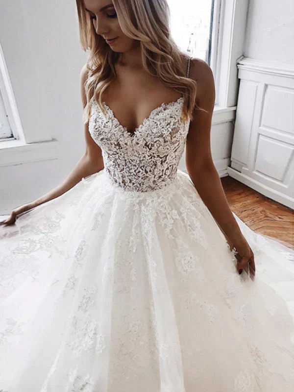 Spaghetti Strap V Neck A Line Tiered Wedding Dress For Modern Brides Elegant Flattering Silhouette