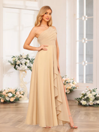 Chiffon One-Shoulder Short Sleeve Ruched Bodice Ruffled High-Slit A-Line Floor-Length Champagne Bridesmaid Dresses