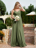 Chiffon Spaghetti-Strap V-Neck Ruched Bodice High-Slit A-Line Floor-Length Bridesmaid Dresses