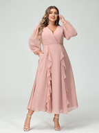 Chiffon Long-Sleeve V-Neck Ruffled Wrap Bodice High-Low A-Line Floor-Length Elegant Bridesmaid Dress